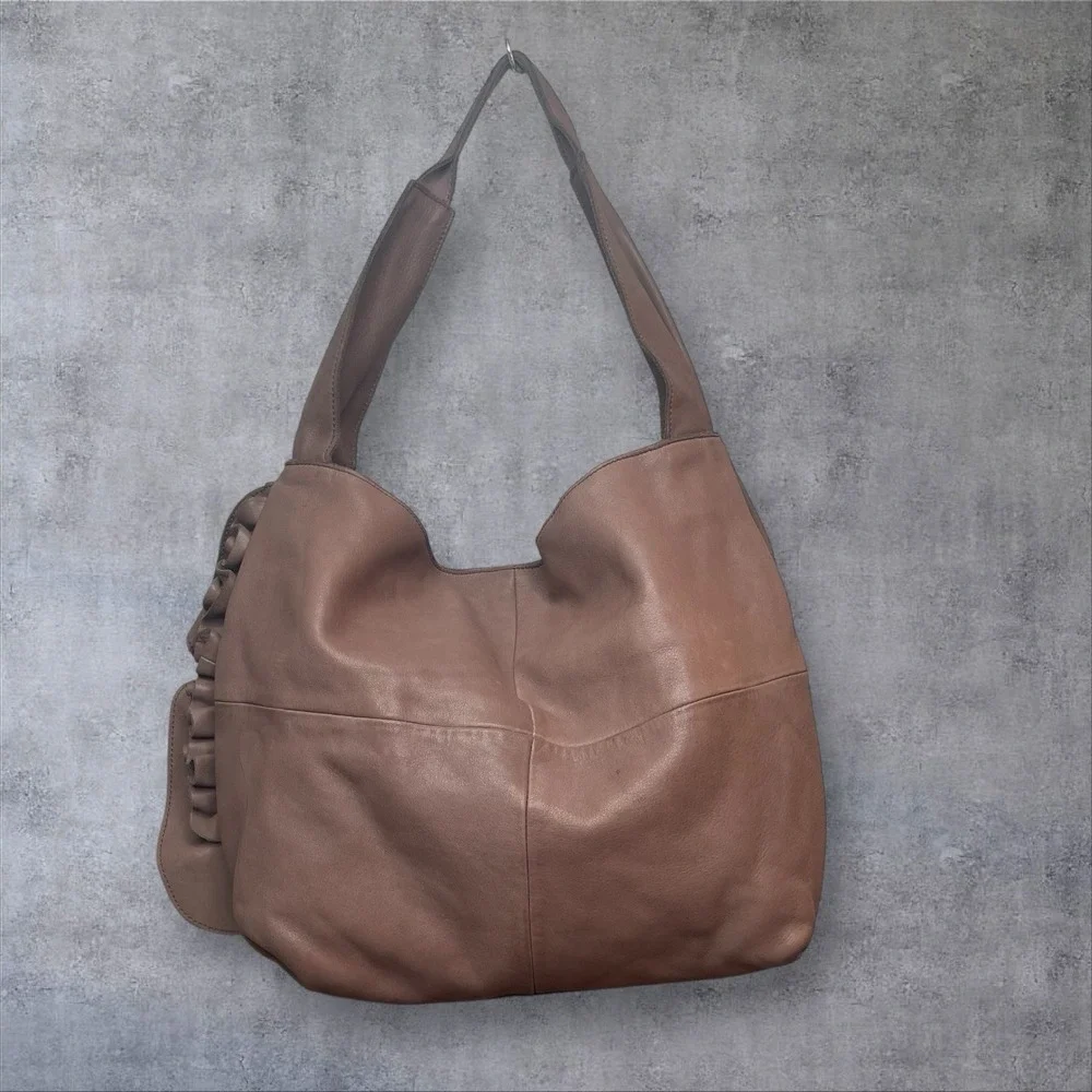 Anthropologie Miss‎ Albright Leather Hobo Shoulder Bag Ruffle Detail Mauve Brown